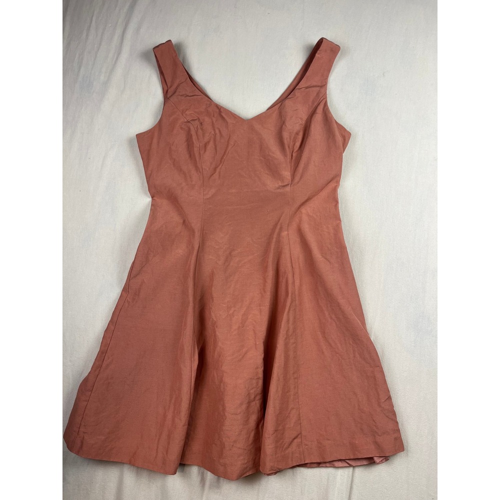 Laura Ashley Silk Linen Blend V-Neck Fit & Flare Dress Terracotta Pink Size 10